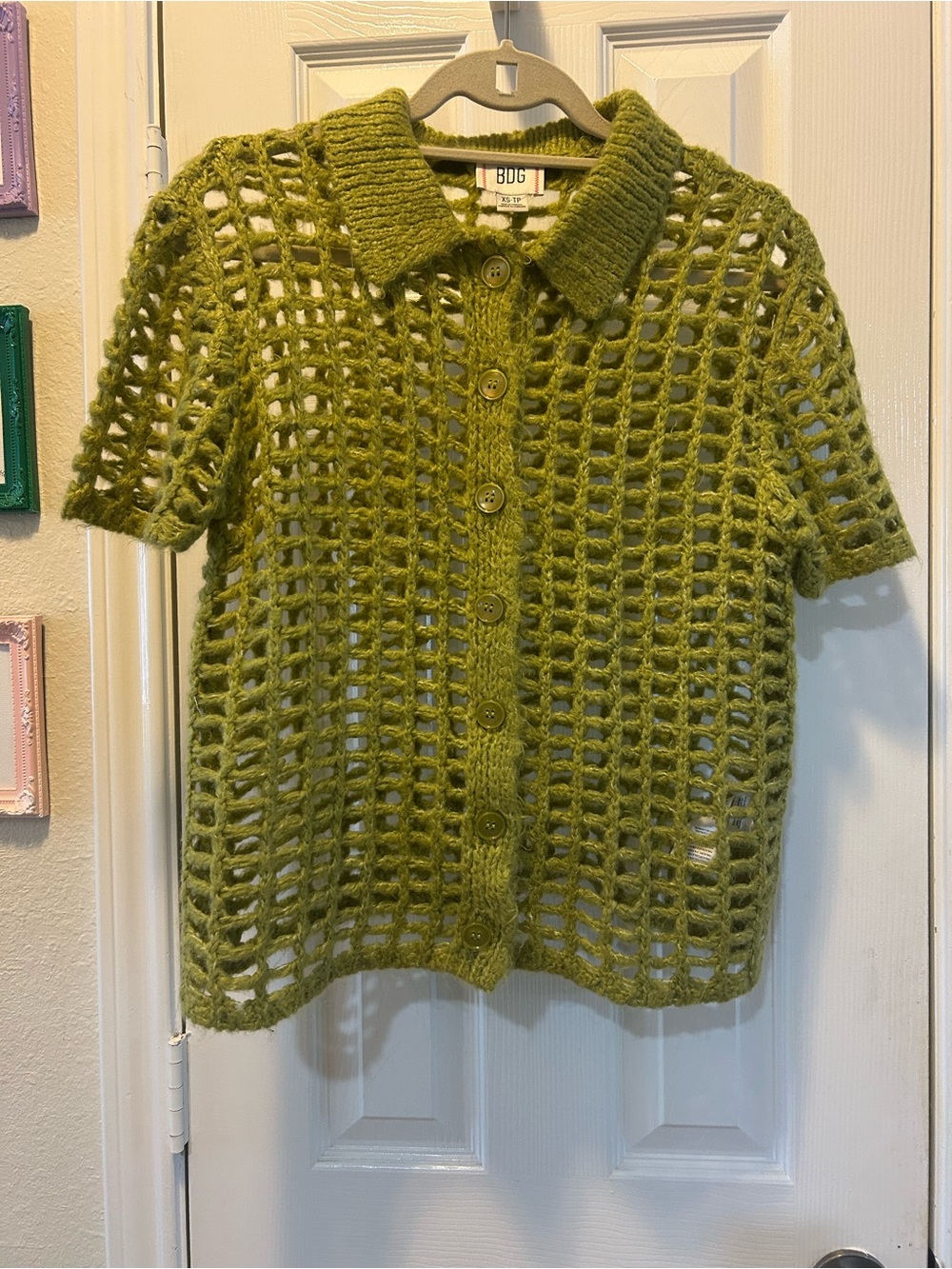 BDG  Olive Green Open-Knit Button Front Top